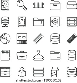 thin line vector icon set - folder vector, bookmark, storage unit, chest of drawers, key, CD, big data, server, suitcase, drawer, strongbox, package, hanger, unpacking, barrel, radiator fan, memory