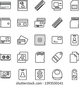 thin line vector icon set - bank card vector, purse, clean paper, baby bib, picture, pass, cards, label, processor, SIM, reverse side of a, front the, financial item, memory, pc, gpu, sd, identity