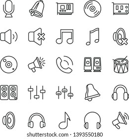 thin line vector icon set - bell vector, loudspeaker, silent mode, drum, headphones, microphone, music, CD, volume, no sound, phone call, pc card, speaker, note, settings