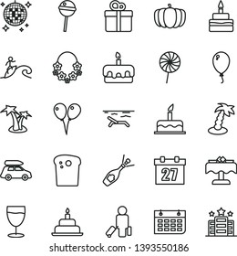 thin line vector icon set - daily calendar vector, colored air balloons, balloon, cake, birthday, gift, Easter, torte, Chupa Chups, lollipop, glass, pumpkin, wall, champagne, car baggage, passenger