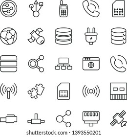 thin line vector icon set - Puzzle vector, big data, phone call, plug, SIM card, connection, connections, scheme, mobile, usb, network, browser, connect, lan connector, wireless, satellite