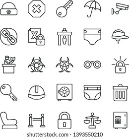 thin line vector icon set - mark of injury vector, spectacles, scales, diaper, nappy, Baby chair, warm hat, construction helmet, dust bin, lock, key, umbrella, strongbox, encrypting, glasses, safe