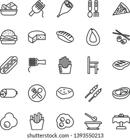 thin line vector icon set - plates and spoons vector, a chair for feeding, iron fork, sausage, stick of, cheese, piece pizza, Hot Dog, burger, spaghetti, noodles, lettuce in plate, grill chicken leg