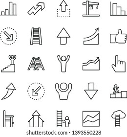 thin line vector icon set - upward direction vector, downward, growth up, line chart, positive histogram, a chair for feeding, crane, stepladder, ladder, left bottom arrow, index finger, thumb, move