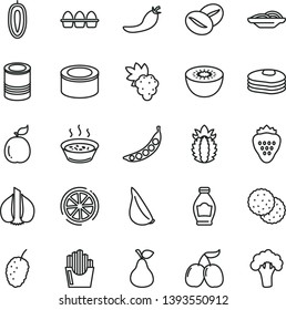 thin line vector icon set - bundle of eggs vector, canned goods, tin, slices onion, porridge in a saucepan, garlic, coffee beans, fried potato, strawberry, pear, biscuit, pancakes, bottle, grape