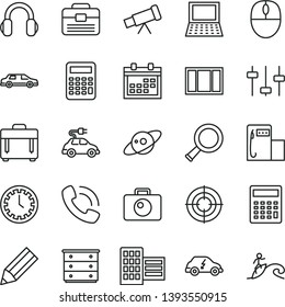 thin line vector icon set - calendar vector, clock face, calculator, chest of drawers, window frame, portfolio, city block, camera, case, modern gas station, electric car, transport, pencil, mouse