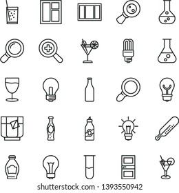 thin line vector icon set - matte light bulb vector, incandescent lamp, zoom, mercury thermometer, window, frame, interroom door, a glass of soda, tea, cocktail, bottle, liquor, flask, magnifying