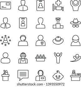 thin line vector icon set - image of thought vector, woman, hat, with glasses, funny hairdo, employee, pass card, operator, racer, builder, court hearing, man, winner podium, hands up, medal, flying