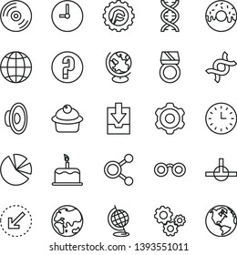 thin line vector icon set - loudspeaker vector, download archive data, question, cogwheel, star gear, wall clock, left bottom arrow, CD, earth, cake, muffin, glazed with a hole, planet, connections