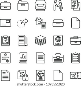 thin line vector icon set - briefcase vector, clean sheet of paper, scribbled, portfolio, estimate, passport, pile, folder, pass card, drawer, move right, statistical overview, book on statistics