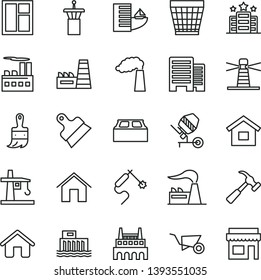 thin line vector icon set - wicker pot vector, house, dwelling, building trolley, concrete mixer, window, wooden paint brush, buildings, block, putty knife, hammer with claw, home, manufacture - Shutterstock ID 1393551035