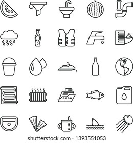 thin line vector icon set - mug for feeding vector, rainy cloud, bucket, washbasin, sink, heating coil, faucet mixer, fish, bottle of soda, water melon, slice, pipes, planet Earth, canister oil