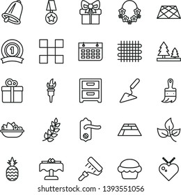 thin line vector icon set - building trowel vector, paint roller, wooden brush, door knob, tile, paving slab, pavement, bell, nightstand, gift, cake, a plate of fruit, pineapple, leaves, forest