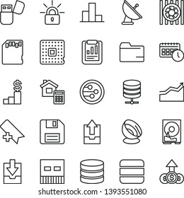 thin line vector icon set - floppy disk vector, add bookmark, folder, bar chart, upload archive data, download, estimate, big server, processor, statistical report, agenda, radiator fan, hdd, usb