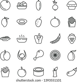 thin line vector icon set - canned goods vector, slices of onion, cake, hot porridge, lettuce in a plate, milk, chicken leg, peper, beet, French fries, fried potato, strawberry, orange, apple, mango