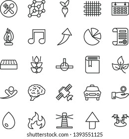 thin line vector icon set - upward direction vector, book, brick, drop, car, mint, radish, leaves, weaving, lighthouse, catch a coin, pie charts, research article, wall calendar, connect, note, cafe