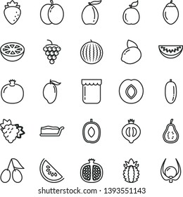 thin line vector icon set - cake slice vector, jam, apple, pomegranate, half, branch of grape, large, plum, raspberry, cornels, medlar, water melon, mango, loquat, delicious, date fruit, tamarillo