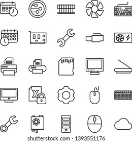 thin line vector icon set - monitor vector, keyboard, screen, fan, radiator, encrypting, mouse, pc power supply, tower, card, printer, scanner, network, lan connector, sd, repair, schedule clock