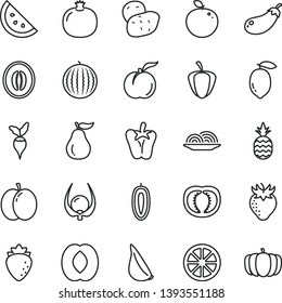 thin line vector icon set - onion vector, peper, garlic, a pineapple, orange slice, ripe peach, apple, pomegranate, raspberry, strawberry, water melon, half, sweet date fruit, lemon, juicy, guava