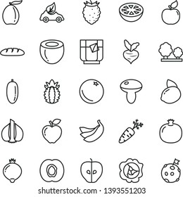 thin line vector icon set - loaf vector, mushroom, a glass of tea, orange, half apricot, pomegranate, squash, red apple, tasty, medlar, raspberry, loquat, date fruit, yellow lemon, bananas, coconut