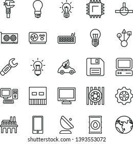 thin line vector icon set - floppy disk vector, monitor, smartphone, oil, bulb, light, industrial enterprise, gear, eco car, smd, satellite antenna, steel repair key, caliper, computer, radiator fan
