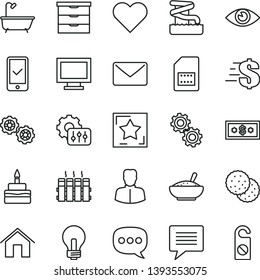 thin line vector icon set - image of thought vector, incandescent lamp, monitor window, dollar, storage unit, gears, bath, radiator, home, heart, eye, birthday cake, a bowl rice porridge, biscuit