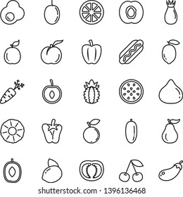 thin line vector icon set - Hot Dog vector, peper, fried egg, cherry, ripe peach, half apricot, rose hip, fig, blueberry, delicious plum, date fruit, passion, lemon, yellow, juicy, of, guava, slice