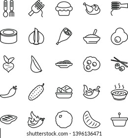 thin line vector icon set - iron fork spoons vector, canned goods, slices of onion, spaghetti, noodles, cake, a bowl buckwheat porridge, in saucepan, lettuce plate, chicken, grill leg, chop, cabbage