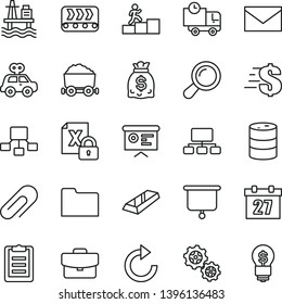 thin line vector icon set - daily calendar vector, clip, envelope, clockwise, dollar, motor vehicle present, suitcase, delivery, sea port, barrel, gears, conveyor, trolley with coal, scheme, dollars