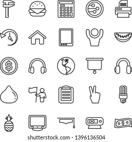 thin line vector icon set - house vector, big burger, a pineapple, fig, water melon slice, planet Earth, mercury light bulb, calipers, dollar, engineer calculator, tablet pc, monitor, web camera