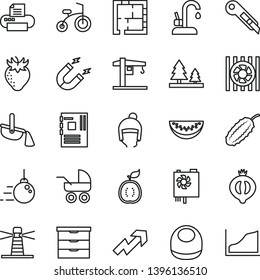 thin line vector icon set - growth up vector, storage unit, baby bib, carriage, child bicycle, winter hat, crane, big core, laying out, stationery knife, kitchen faucet, strawberry, half of medlar