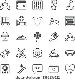 thin line vector icon set - scissors vector, cargo trolley, purse, t short, bag of a paramedic, tricycle, heating coil, passport, regulator, spaghetti, lollipop, piece coconut, plug, eco car, horn