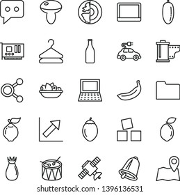 thin line vector icon set - camera roll vector, growth chart, cubes for children, drum, bell, hanger, mushroom, a plate of fruit, quince, rose hip, date, banana, tamarillo, sour lime, electric car