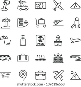 thin line vector icon set - suitcase vector, passport, coastal lighthouse, sand castle, helicopter, dollar pin, plane, bus, passenger, rolling, ticket, departure, hotel, tent, beach, palm tree, pool