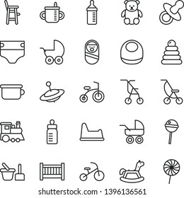 thin line vector icon set - baby cot vector, dummy, mug for feeding, bottle, measuring, diaper, bib, stroller, carriage, summer, sitting, stacking rings, roly poly doll, toy sand set, chair, a child