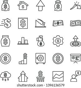 thin line vector icon set - upward direction vector, dollar, line chart, strongbox, recession, a crisis, financial item, money, dollars, report, growth arrows, bag hand, rain, coin, mortgage, column
