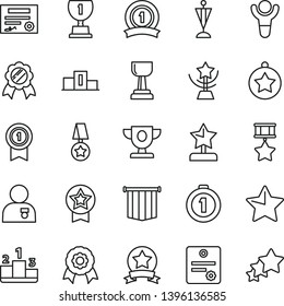 thin line vector icon set - star vector, pedestal, medal, patente, winner, prize, award, gold cup, reward, man with, pennant, first place, ribbon, hero, flag, three stars