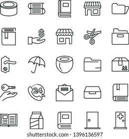 thin line vector icon set - folder vector, book, e, books, door knob, ntrance, received letter, umbrella, drawer, cardboard box, 24, package, canned goods, half of coconut, kiosk, stall, get a wage