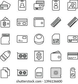 thin line vector icon set - bank card vector, purse, clean paper, baby bib, picture, pass, cards, label, processor, SIM, reverse side of a, front the, financial item, wallet, memory, gpu, sd, credit