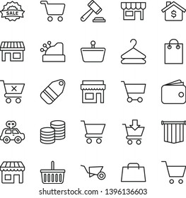 thin line vector icon set - grocery basket vector, hammer of a judge, motor vehicle present, building trolley, cart, put in, crossed, kiosk, coins, hanger, label, stall, shopping, wallet, bag, hand