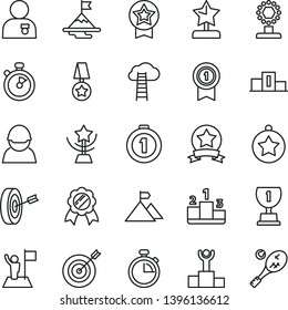 thin line vector icon set - stopwatch vector, pedestal, racer, winner podium, award, cup, star, reward, man with medal, flag, motivation, mountain, target, purpose, first place, pennant, ribbon