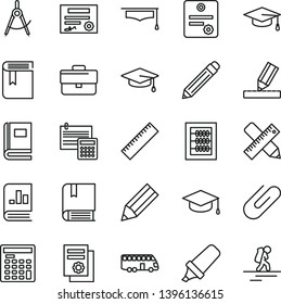 thin line vector icon set - briefcase vector, graphite pencil, yardstick, book, new abacus, e, writing accessories, drawing, calculation, square academic hat, clip, scribed compasses, on statistics