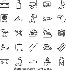 thin line vector icon set - suitcase vector, passport, sand castle, plane, car baggage, camper, passenger, rolling, case, tent, beach, arnchair under umbrella, palm tree, aquapark, diving mask