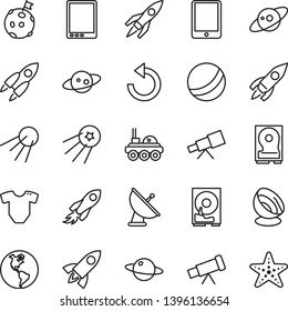 thin line vector icon set - counterclockwise vector, t short, bath ball, artificial satellite, planet, Earth, rocket, space, tablet pc, hdd, telescope, antenna, saturn, lunar rover, flag on moon