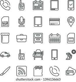 thin line vector icon set - tassel vector, desktop microphone, calendar, bank card, rss feed, toy phone, mobile, concrete mixer, smartphone, nightstand, call, jam, big solar panel, retro car, SIM