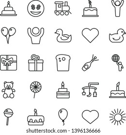 thin line vector icon set - heart symbol vector, toys over the cradle, rubber duck, baby duckling, teddy bear, toy train, colored air balloons, balloon, cake, birthday, gift, Easter, torte, lollipop