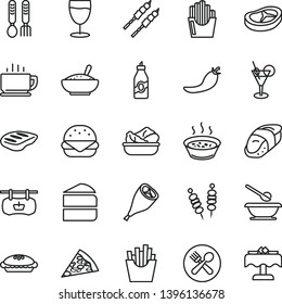 thin line vector icon set - plates and spoons vector, iron fork, coffee, fried vegetables on sticks, piece of pizza, big burger, cake, pie, a bowl rice porridge, in saucepan, lettuce plate, bacon