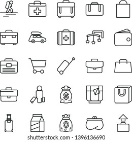 thin line vector icon set - briefcase vector, paper bag, first aid kit, toys over the cot, medical, portfolio, suitcase, case, with handles, package, a glass of tea, cart, wallet, purse, dollars