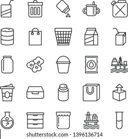 thin line vector icon set - wicker pot vector, storage unit, mug for feeding, powder, baby, e, packing of juice with a straw, bucket, dust bin, drawer, bag handles, package, unpacking, popcorn, jam