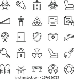 thin line vector icon set - prohibition vector, Baby chair, car child seat, open pin, bag of a paramedic, key, ntrance door, road fence, lock, radiation hazard, encrypting, nuclear, biohazard, atm
